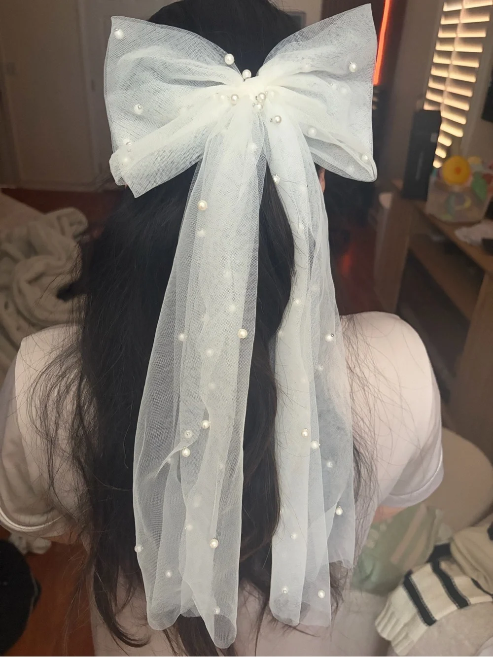 White Tulle Bow Hair Accessory with Pearls